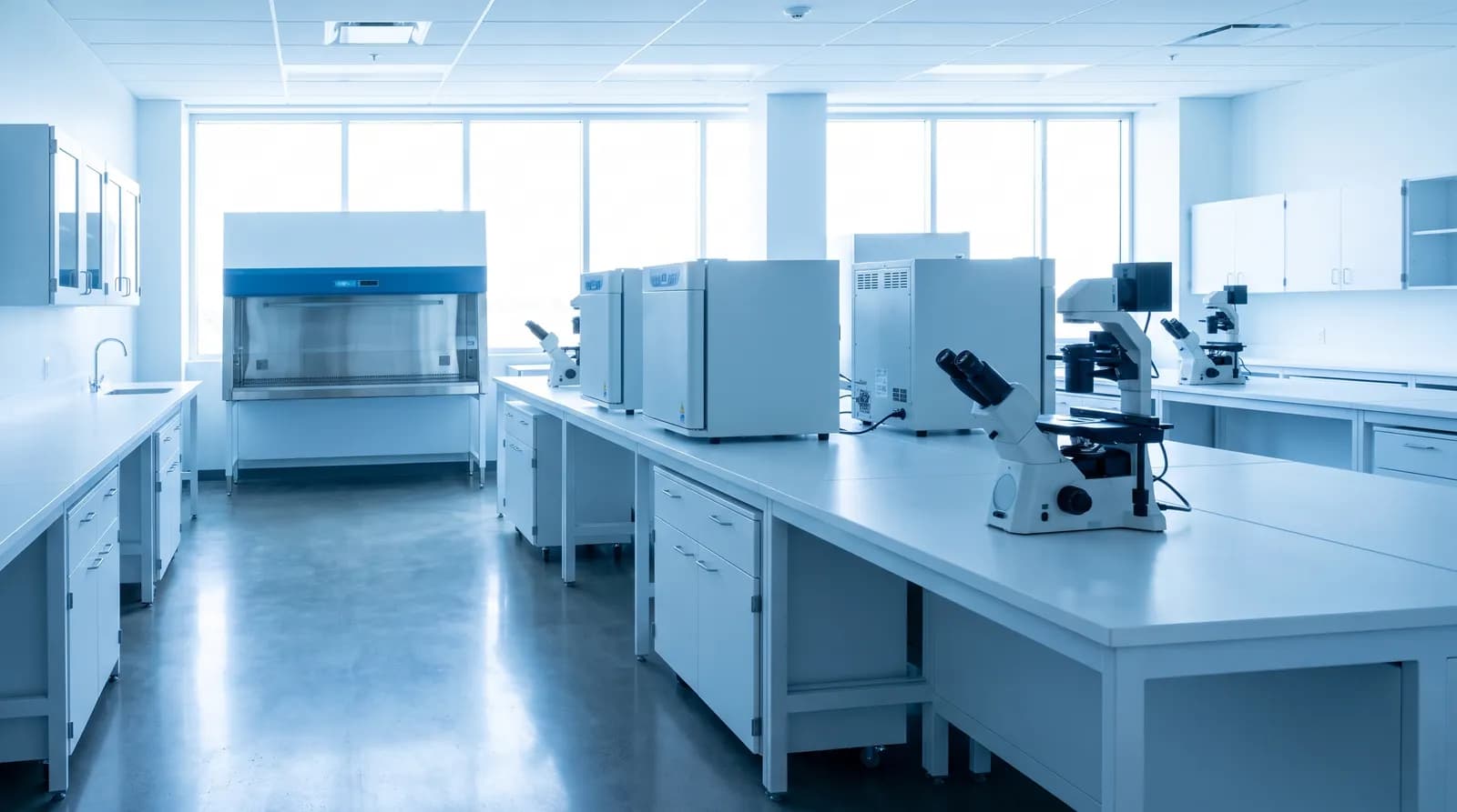 Kurulumu tamamlanmış, cihazları yerleştirilmiş yeni bir embriyoloji laboratuvarı